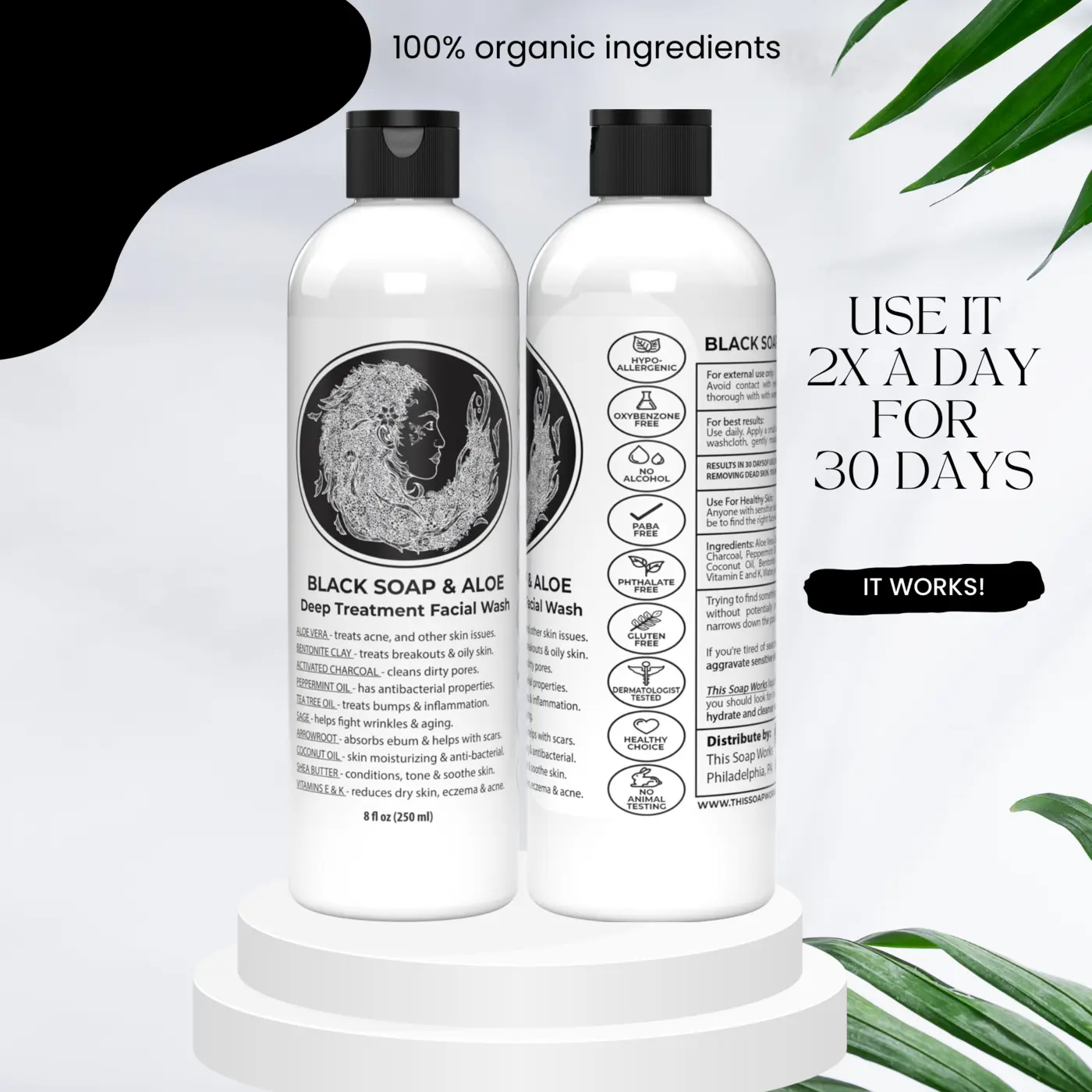 Front and back of the Face and Body Liquid Black Soap with Aloe bottle