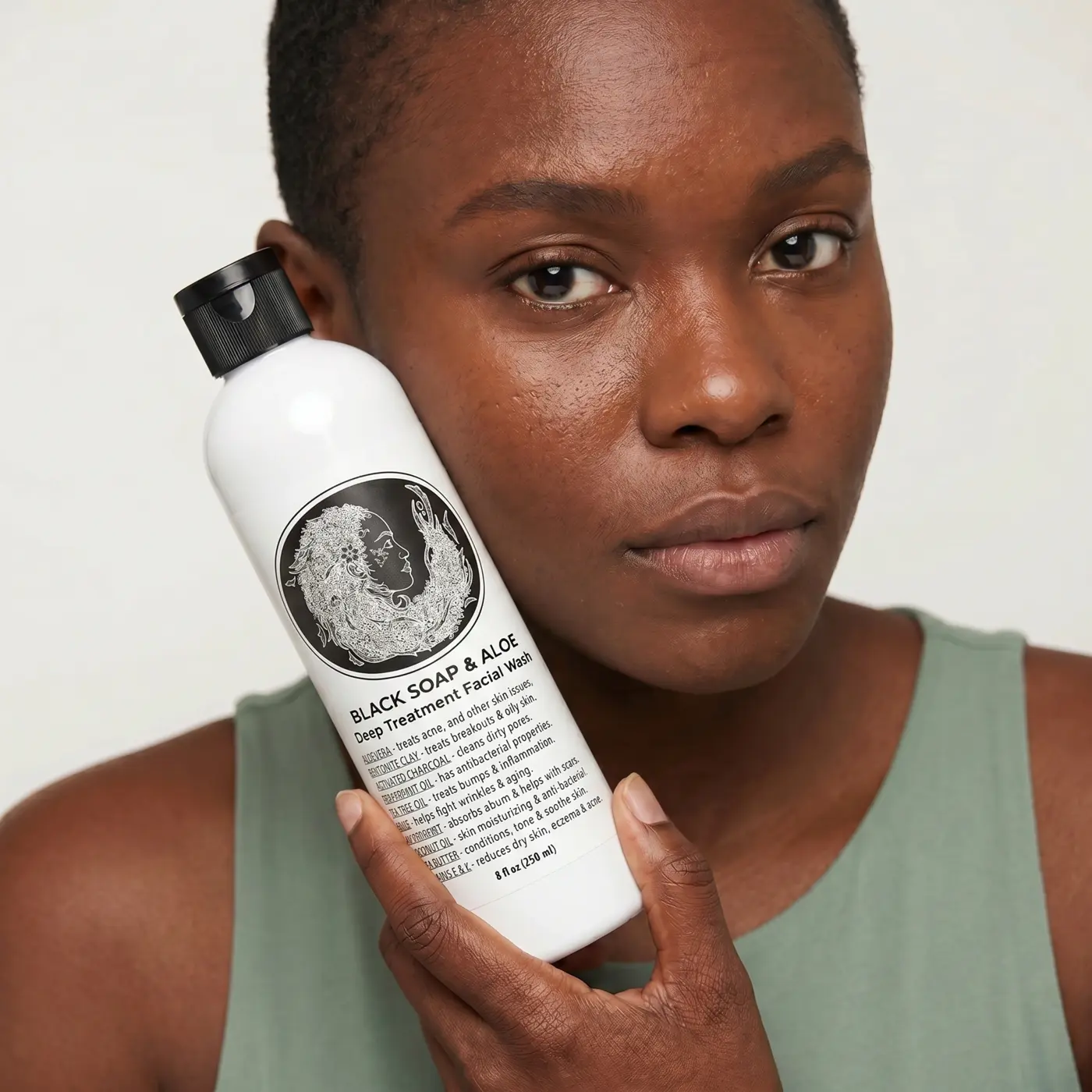 Customer holding This Soap Works Face and Body Liquid Black Soap with Aloe