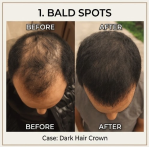 Before and after hair growth treatment showing bald spot