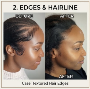 Before and after showing improved appearance of hair edges