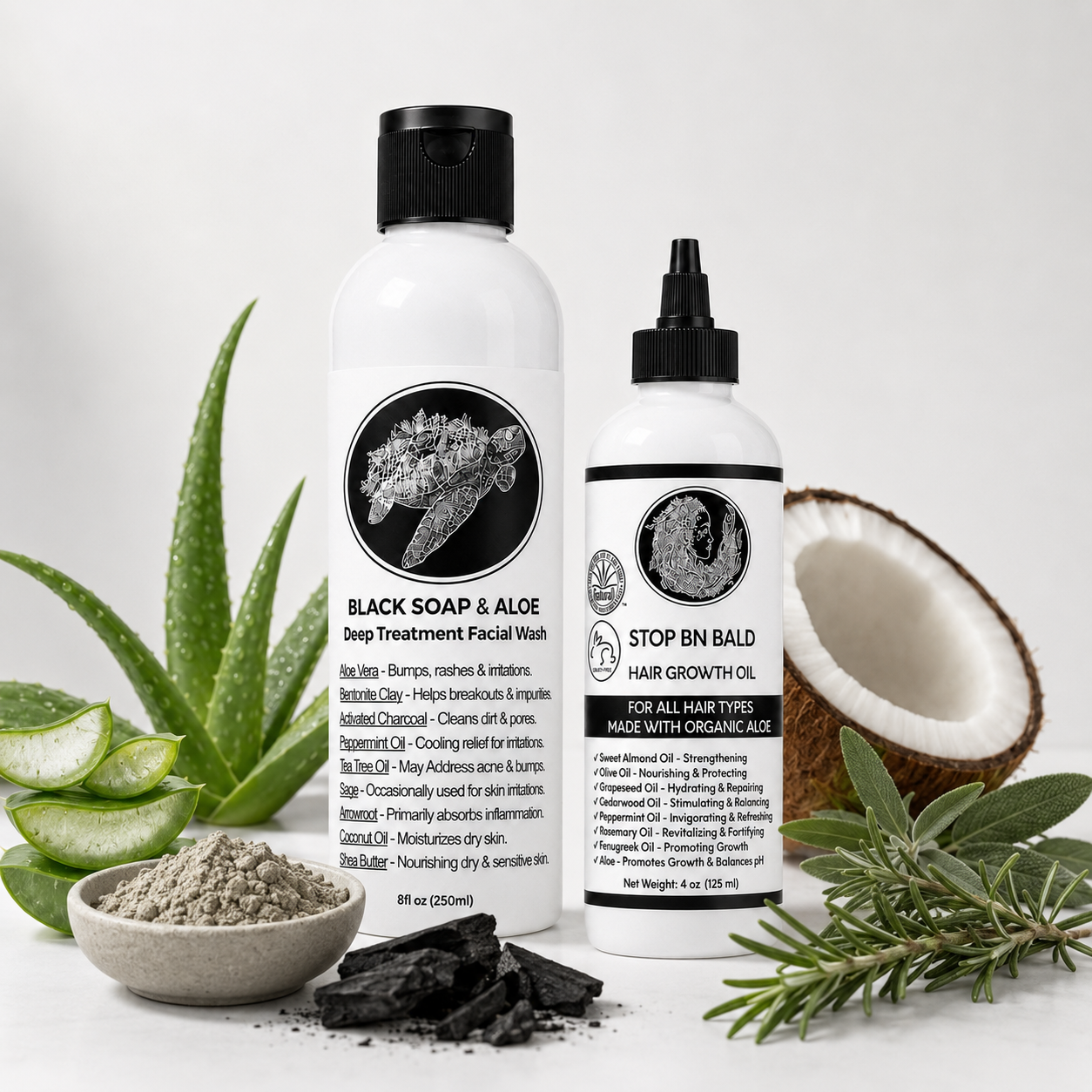 This Soap Works Face and Body Liquid Black Soap with Aloe and STOP BN BALD Hair Oil