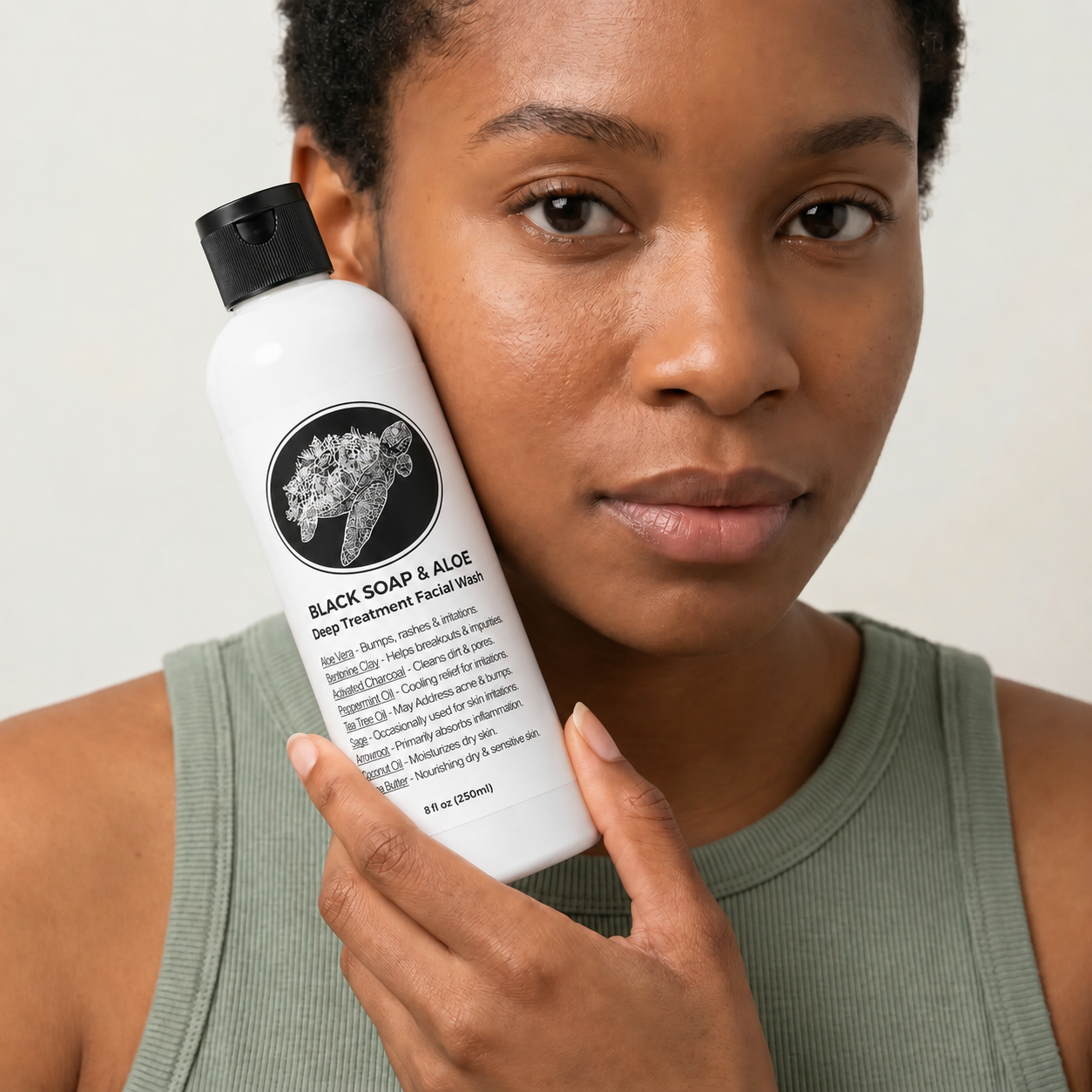 Customer holding This Soap Works Face and Body Liquid Black Soap with Aloe
